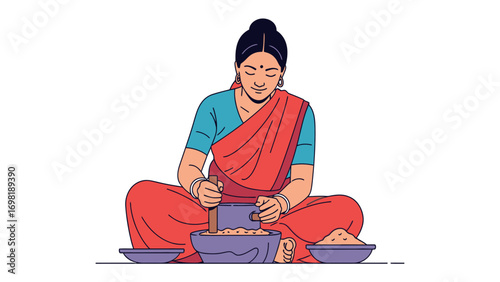 Cultural Heritage: A woman embodies tradition, grinding spices with focused determination. Envision her skills, preserving the essence of heritage, in a moment of ancient culinary art.