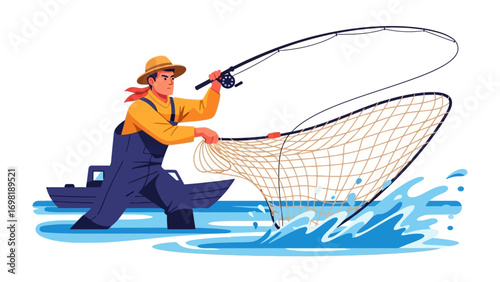 Fisherman's Pursuit: An illustration captures a fisherman skillfully casting his line, net ready, as he stands in the water near his boat, ready for the perfect catch.