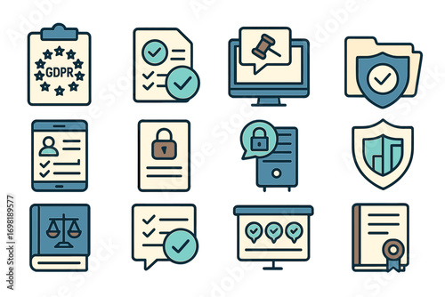 Gdpr, data protection linear icon set. privacy, security, compliance symbols