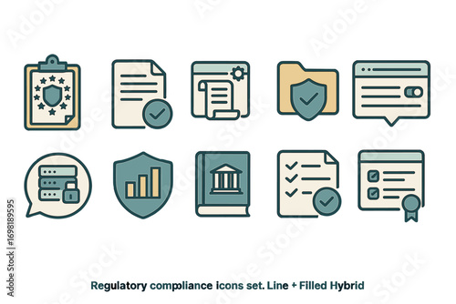 Regulatory compliance icon set. legal, audit, security icons line + filled collection