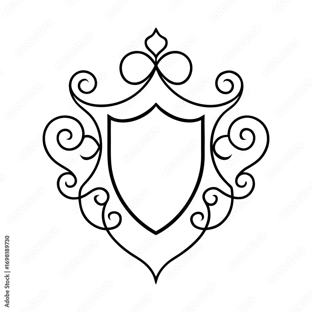 Naklejka premium Heraldic Crest Ornament with Thin Floral Curl Accents