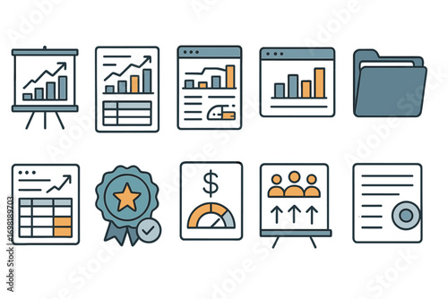 Marketing analytics flat icon set. metrics, strategy, dashboard, growth icons collection