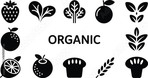 Collection of simple black icons representing organic food and produce against a white background.