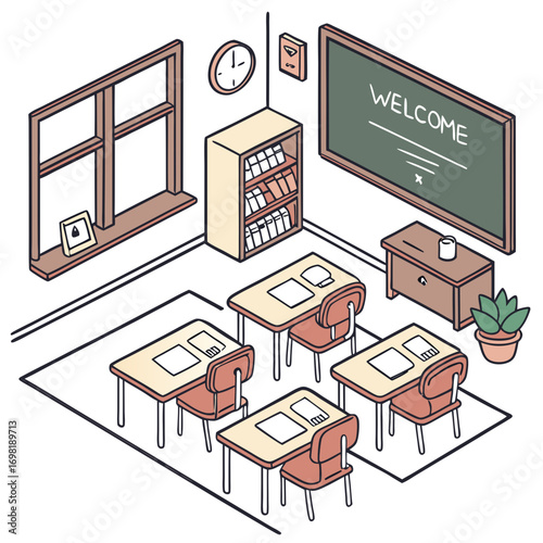 a 2D cartoon illustration of a classroom with desks, chairs, and a chalkboard, organized and welcoming, white background