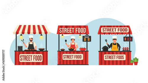 Street Food Stalls: Charming illustrated scene captures the essence of street food culture, showcasing three bustling stalls, each with its unique culinary offerings, amidst an inviting ambiance.