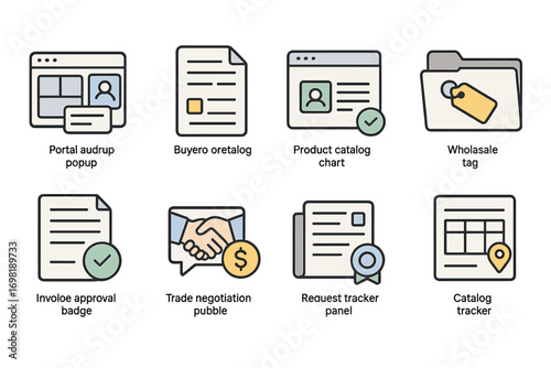 Business, commerce filled icon set. essential workflow, management icons collection