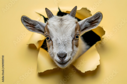 Adorable goat kid peeking through a torn yellow paper background showcasing its curious expression and small horns perfect for animal lovers and creative projects farm animal photography on white back