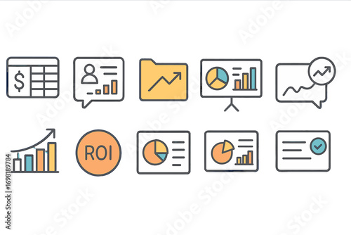 Business, finance line icon set. analytics, roi, charts, and metrics icons
