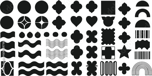 Set of minimalist graphic design elements featuring various geometric forms, abstract icons, and modern patterns