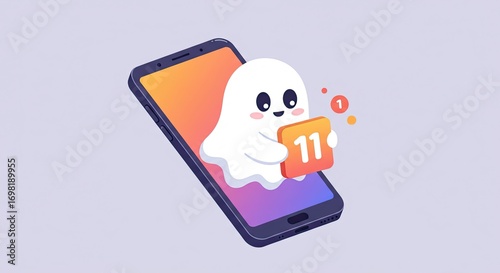 Cartoon Ghost Holding Orange Number Icon on Modern Smartphone