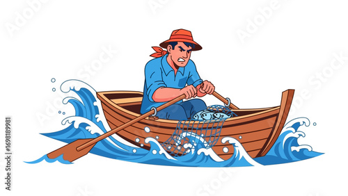 Fisherman at Sea: A resolute fisherman navigates his wooden boat through tumultuous waters, grappling with the challenge of his trade and the ocean's elements. 