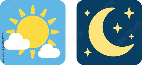 Day and Night Icons Set with Sun, Clouds, Moon, and Stars. Flat Vector Illustration of the Time Cycle and Weather Symbols