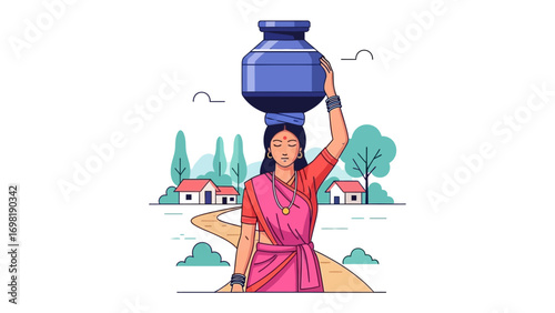 Village Woman Carrying Water Pot: An illustrated village woman gracefully balances a water pot atop her head, embodying the daily life of her community and symbolizing resourcefulness and resilience.