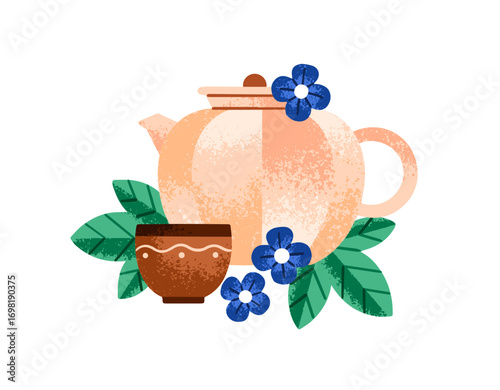 Ceramic pot with cup and butterfly pea flower tea. Teapot for preparing herbal drinks. Infuser for brewing herbs and leaves in water for hot beverages. Flat isolated vector illustration on white