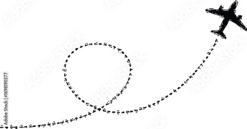Minimalist icon of a plane with a loop trail, symbolizing air travel, flight route, and tourism concept on a white background