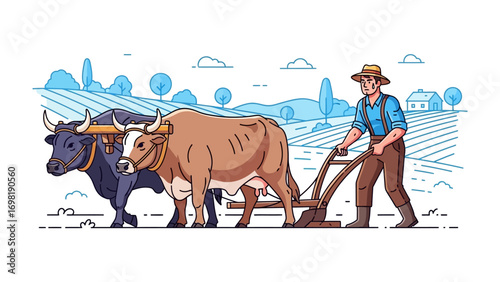Cultivating the Land: A farmer, clad in classic attire, skillfully guides a plow through a field, assisted by a pair of strong oxen. Evoking the simplicity of agricultural life.