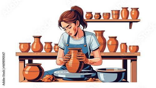 Artisan's Wheel: A skilled artisan, absorbed in the pottery process, meticulously shapes wet clay on a spinning wheel, creating a beautiful vessel. The workshop is filled with examples of the craft. 