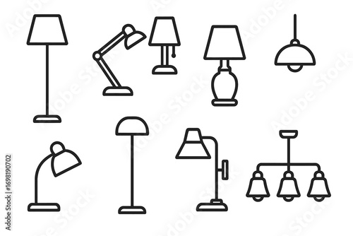 Lighting solutions icon set. outline style lamps, chandeliers, fixtures and more