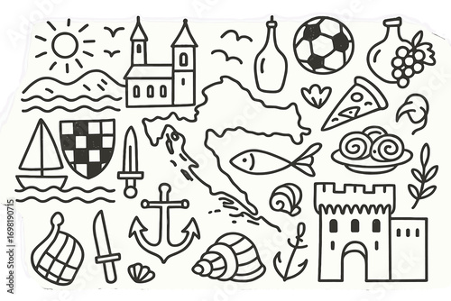 Travel destinations outline icon set. explore landmarks, food, and more