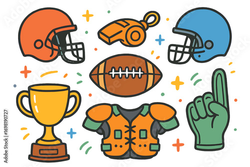 Football accessories outline icon set: helmet, whistle, trophy and more
