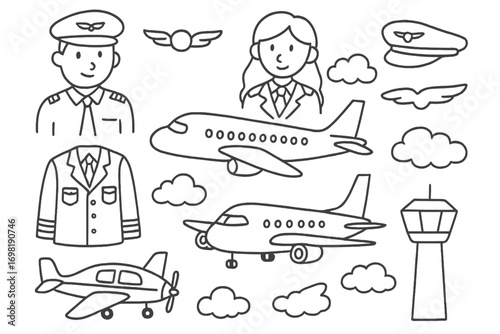 Aviation and pilot line icon set. airplane, flight, sky, and airport linear collection