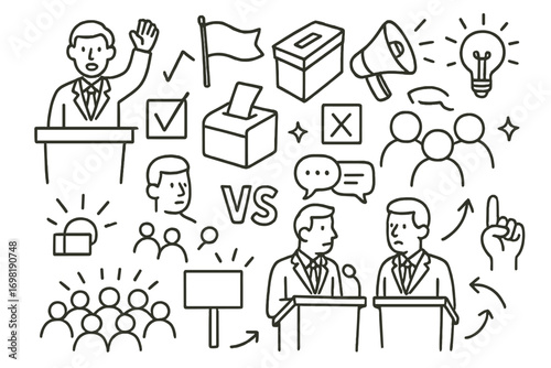 Politics, voting, election linear icon set. campaign and debate symbols