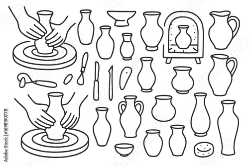 Pottery, ceramics outline icon set. crafting, sculpting, clay icons collection