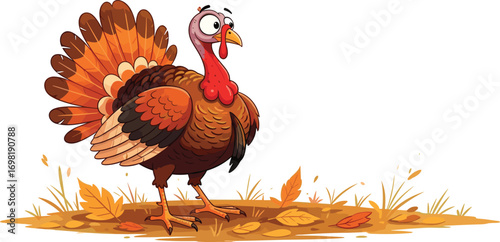 An amusing cartoon illustration of a plump turkey with a worried expression, surrounded by autumn leaves for the holiday season