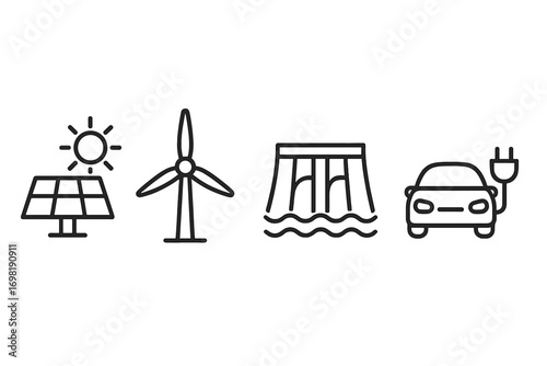 Renewable energy outline icon set. solar, wind, hydro, electric vehicle symbols