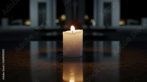 Glowing candle on polished surface, mirrored in dark room with indistinct architecture