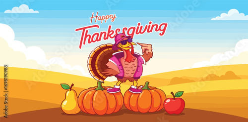 A cool cartoon turkey wearing sunglasses and a tank top stands on pumpkins to celebrate a fun and modern Happy Thanksgiving