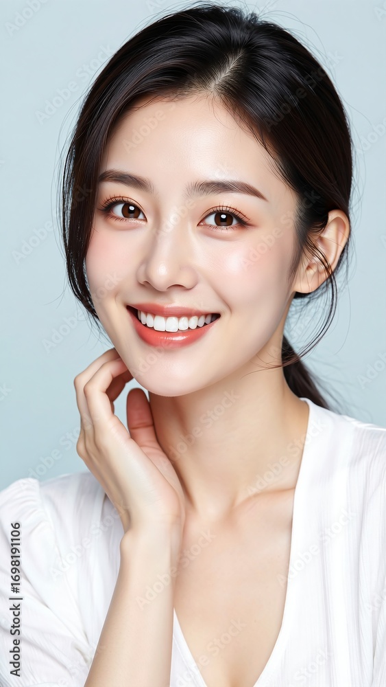 Radiant Brunette Woman Smiling Brightly with Hand on Chin, a Natural Beauty Portrait for Optimism and Joy Radiant Brunette Woman Smiling Brightly with Hand on Chin, a Natural Beauty Portrait for Optimism and Joy