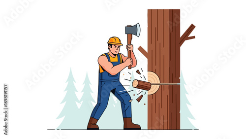 Lumberjack Felling a Tree: A determined lumberjack swings his axe with precision, felling a sturdy tree in a serene forest, demonstrating strength and commitment to sustainable forestry.