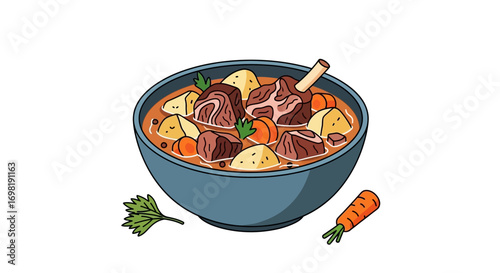 Delicious hearty stew with tender meat, potatoes and carrots in a blue bowl, garnished with parsley, a perfect meal for a cold day, showcasing comfort food at its finest