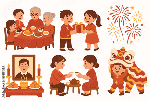 Chinese new year flat icon set. celebrations, traditions, and family icons collection