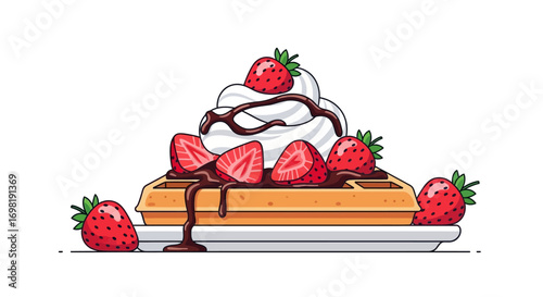 Delicious Waffle Topped with Whipped Cream, Chocolate Syrup and Fresh Strawberries, Perfect Dessert or Breakfast Treat for Any Occasion