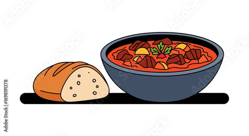 A hearty bowl of stew with chunks of meat and vegetables, accompanied by a fresh loaf of crusty bread, perfect for a satisfying meal and comforting food experience