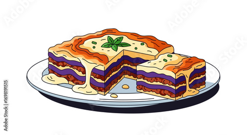 Delicious Layered Vegetable and Meat Dish, Generously Topped with Creamy Sauce and Garnished with Fresh Mint Leaves, Presented on a White Plate, Perfect for Any Meal