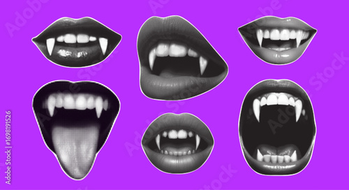 Set of pop art vampire mouths with sharp fangs. Gothic monster lips, bat teeth in retro halftone style.