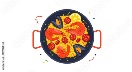 A delicious and colorful overhead view illustration of a traditional Spanish paella dish in a black pan, garnished with shrimp, mussels, lemon, and chorizo, representing a vibrant culinary experience