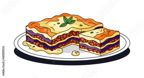 Delicious layered lasagna with rich meat sauce, béchamel, and pasta, garnished with fresh basil, a hearty and comforting Italian classic dish, perfect for family meals and gatherings