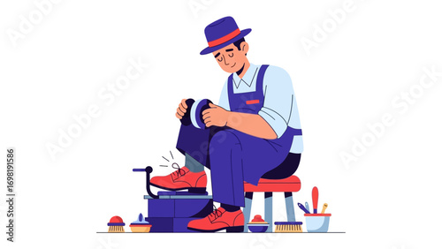 Cobbler at Work: A cobbler meticulously polishes a leather shoe, reflecting dedication to his craft. his face tells stories of focused work