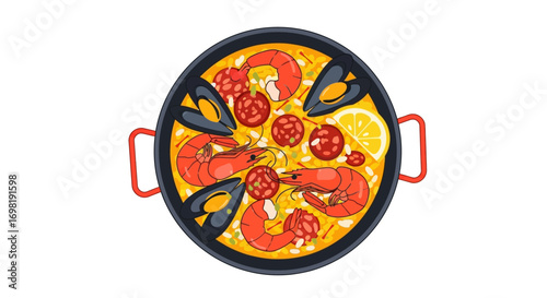 Delicious Spanish Paella with Seafood and Chorizo, a Traditional and Flavorful Rice Dish Cooked in a Large Pan, Perfect for Sharing and Celebrations, Culinary Delight