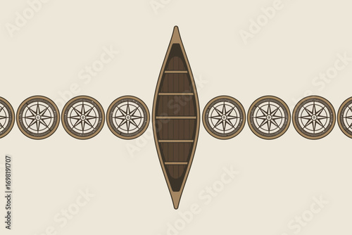 A canoe is centered between compasses arranged in a row on a light background in a symmetrical pattern