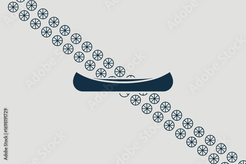 A navy canoe surrounded by rows of circular patterns on a light gray background illustration art