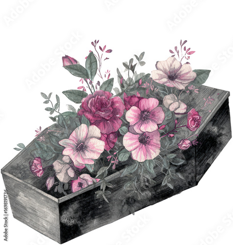 Vintage Floral Arrangement in a Wooden Coffin Design Featuring Delicate Pink and Purple Flowers