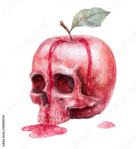 Watercolor Illustration of a Skull Embedded in a Red Apple with Dripping Blood and Leaf on a Transparent Background