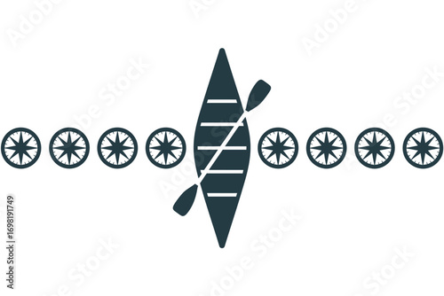 A graphic featuring a canoe with paddles and compass rose designs arranged in a symmetrical pattern design