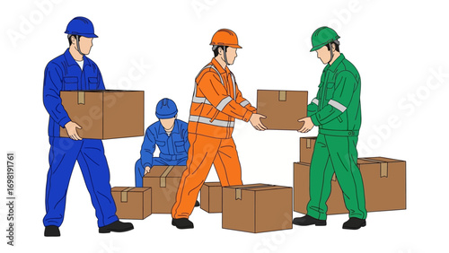 Teamwork in Logistics: Workers collaboratively manage packages, representing the efficient handling and teamwork within the transport sector.