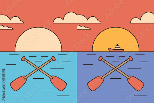 A split panel illustration showing sunsets over water with crossed oars and a boat on one side